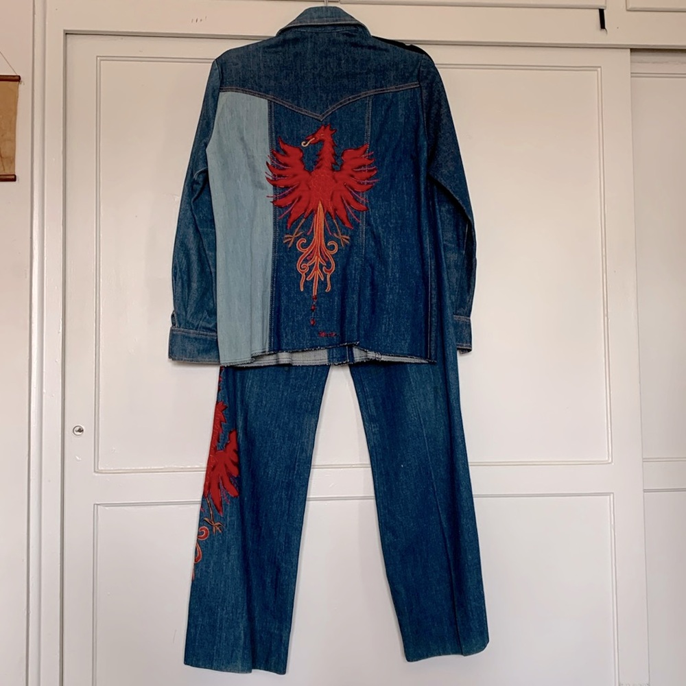 Vintage Cheslin 1970s patchwork denim suit w velvet embroidered dragon appliqué